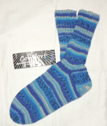 N51) handgestrickte Comfort 4fach Socken Gr 45 46 Wollsocken blau gemustert - Bild 2 von 3