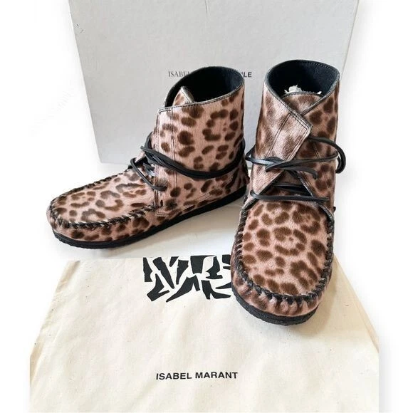 NWT Isabel Marant Flavie Calf hair Moccasin Ankle Boots In Leopard