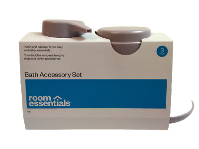Room Essentials~ 3pc Lavender Bath Bundle Set: Soap Tray & Pump & Canister