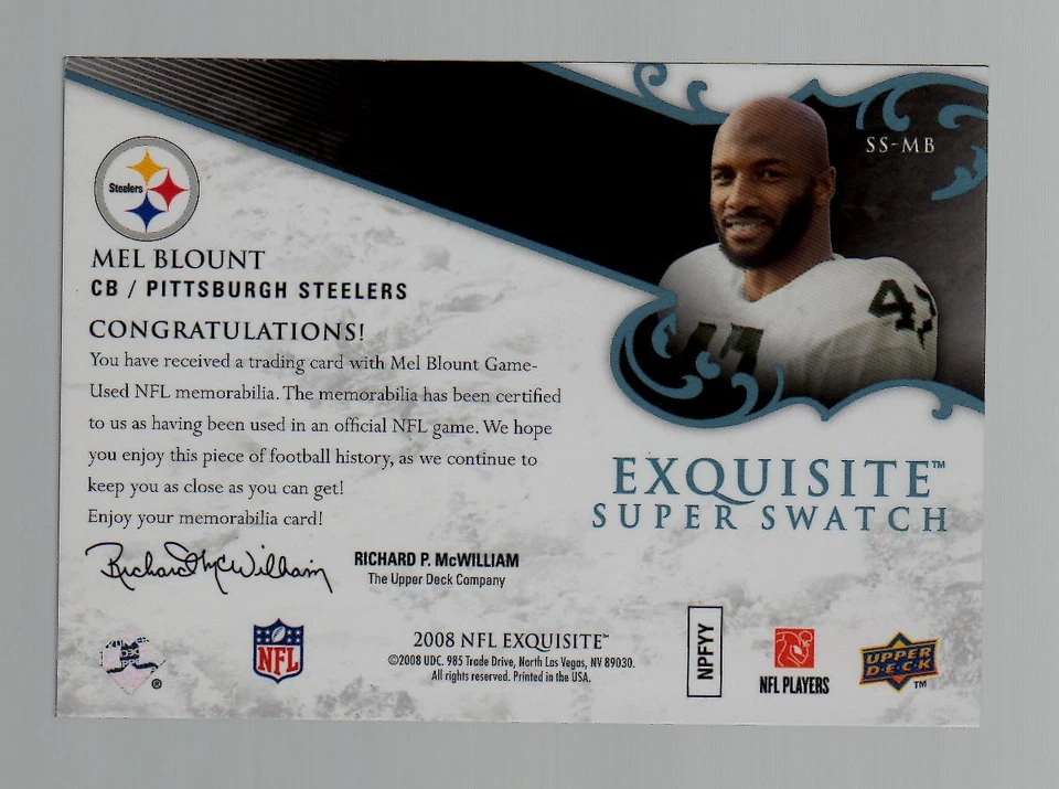2008 UD Exquisite Mel Blount "Blue Variant Super Swatch" 14/20-Steelers Football - Image 2 of 2