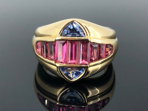 Esclusivo Anello Vintage Colorato Rosa Rosa Rubellite Zaffiro Blu Oro 750 - Foto 6 di 10