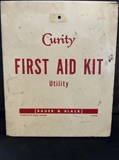 Vintage First Aid Kit Utility Curity Hinged Metal Box Wall Mount & Supplies Band