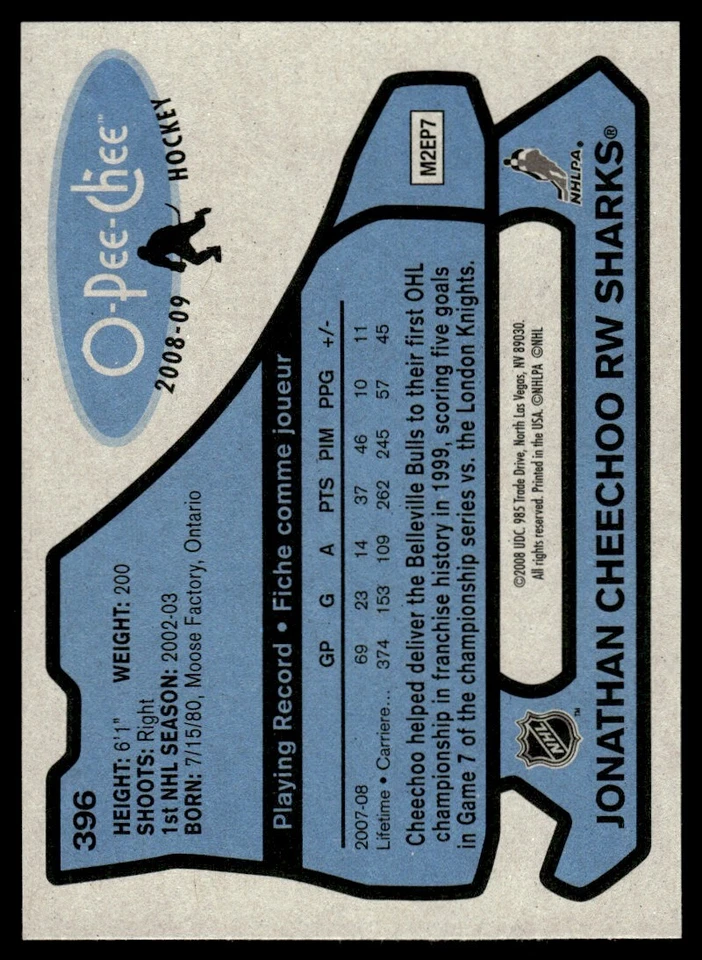 2008-09 O-Pee-Chee 1979-80 Retro Jonathan Cheechoo San Jose Sharks #396 - Image 2 of 2