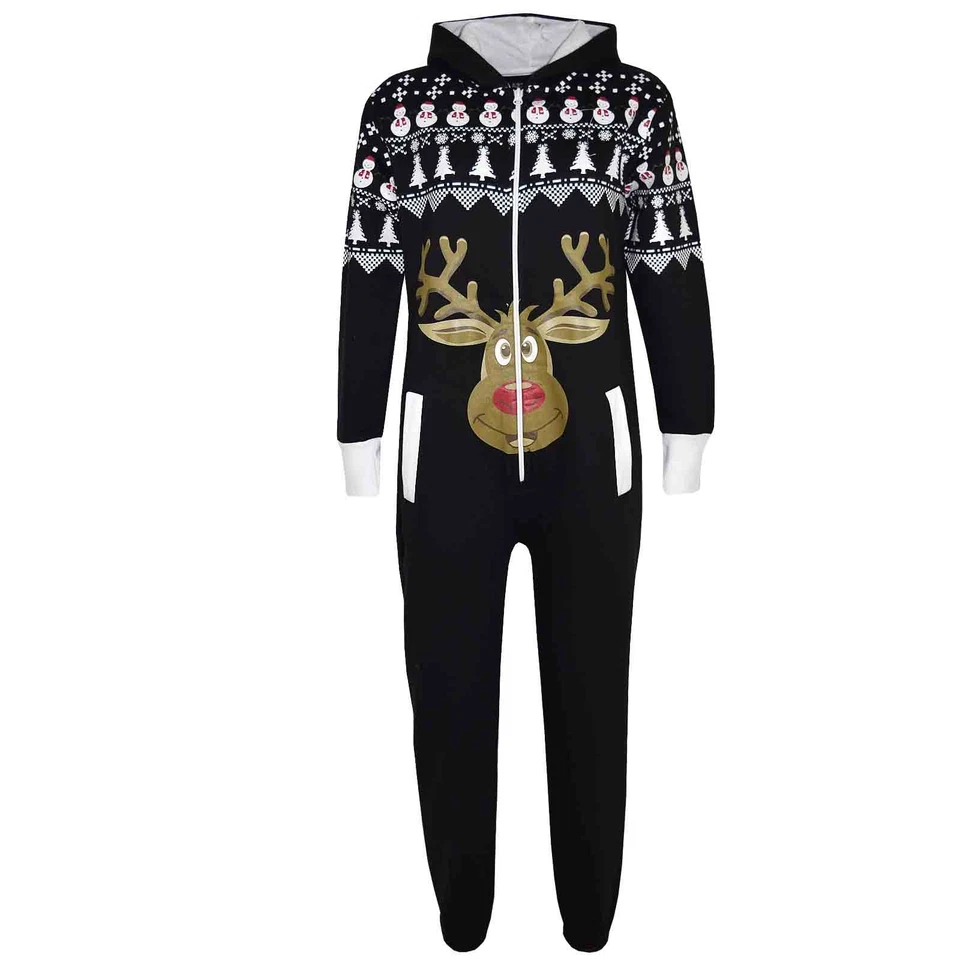Junge Mädchen Neuheit Weihnachten Schwarz Rentier Vlies A2Z Overall one piece - Bild 1 von 1