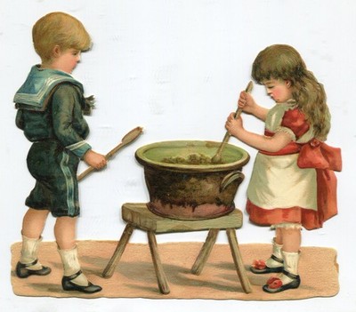 Glanzbild Oblaten scraps Mädchen Junge kochen W.H. 11519 14,5 cm