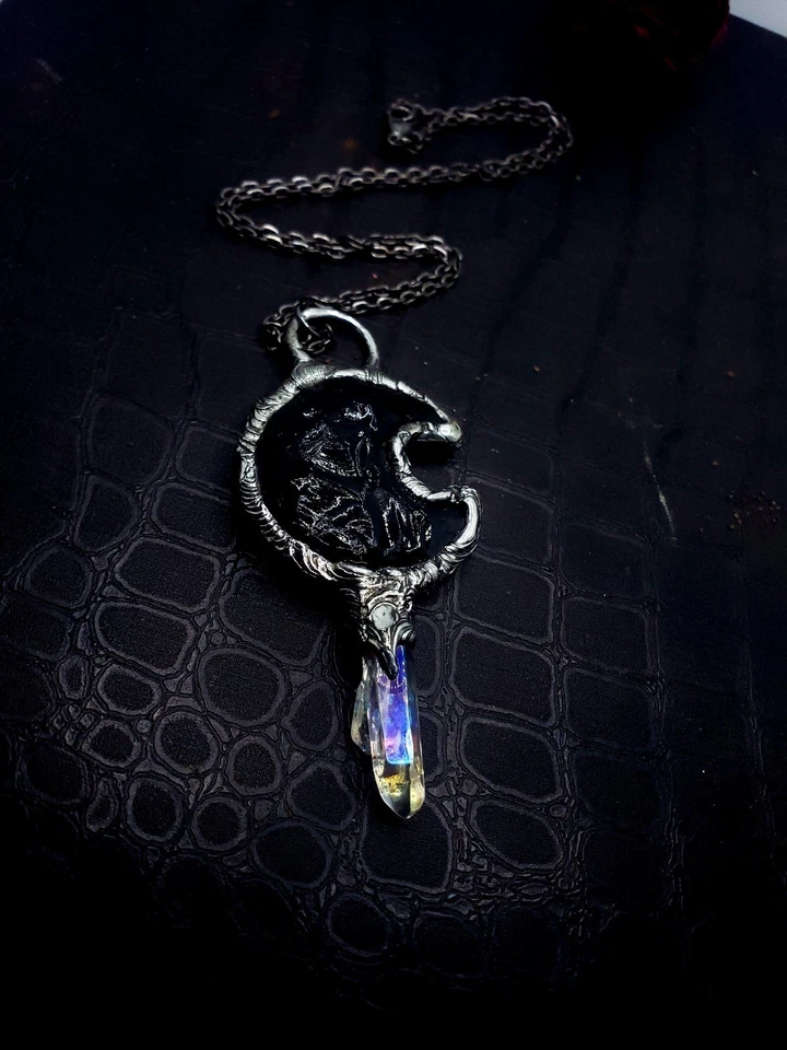 Obsidiana Cristal Luna y Ángel Aura Cuarzo Cristal Declaración Collar Foto 4 de 4