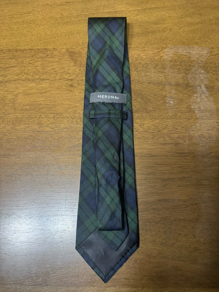 Зеленый клетчатый шелковый галстук Merona — стойкий к пятнам классический деловой официальный галстук - Изображение 2 из 4