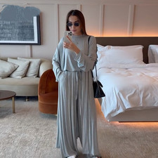 3pcs Muslim Women Open Abaya Cardigan Top Pants Sets Casual Modest Outfits Suit