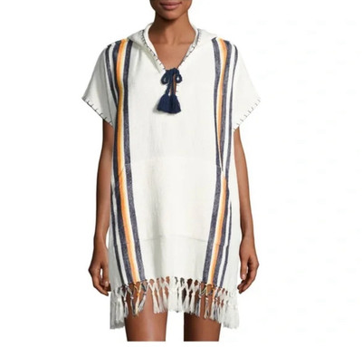 Tory Burch Hooded Oversized Fringe Poncho Cape Cover-Up Women's XS White Beach