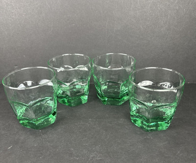 4 Vintage Libbey Chivalry Green 6-panel Barware Rocks Cocktail Glasses 3.5''