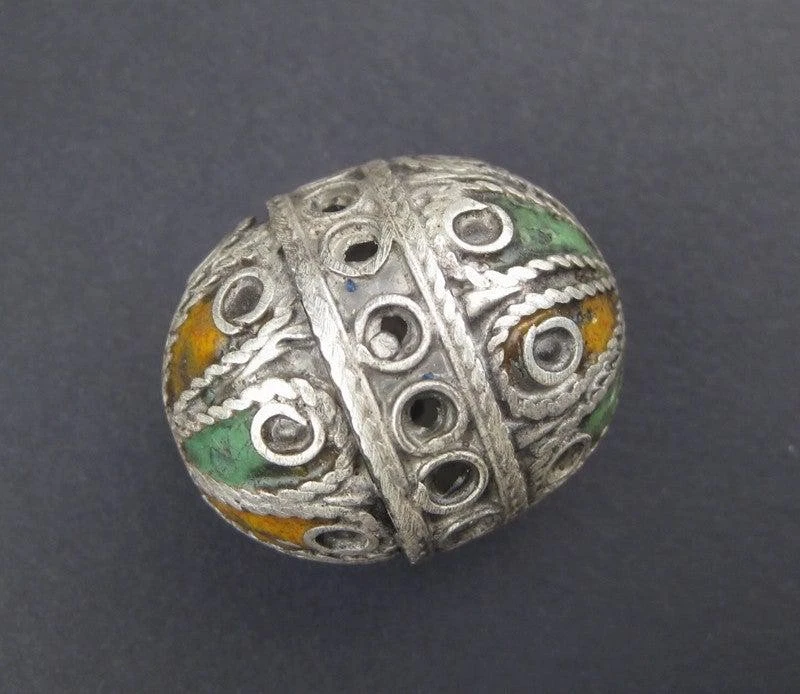 Artisanal Enameled Round Silver Berber Bead 28mm Morocco African Oval Handmade - Image 3 of 4