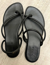 Vince Black Leather Strappy Sandals Slip-On Flat Logo Straps US 7 EU 37