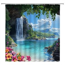Blue Ocean Sand Beach Waves Sunrise Waterproof Fabric Shower Curtain 72x72"