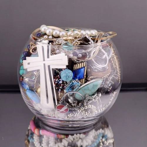 Vintage Costume Jewelry Jar Mixed Lot Necklaces Rings Earrings 2.10 Lbs