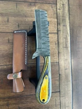 CUSTOM HANDMADE HAMMERED D2 MICARTA HANDLE BULL CUTTER WITH LEATHER SHEATH 79/5