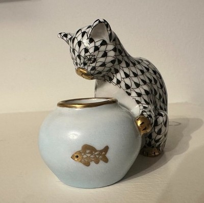 Herend figurine cat looking in fishbowl