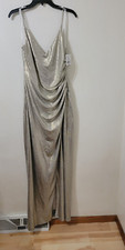 Betsy & Adam Davids Bridal Metallic Gold Ruched V Neck Sequin With Slit Gown NWT