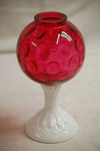 Fenton Ivy Vase Cranberry Coin Dot Art Glass White Milk Glass Teardrop Stem