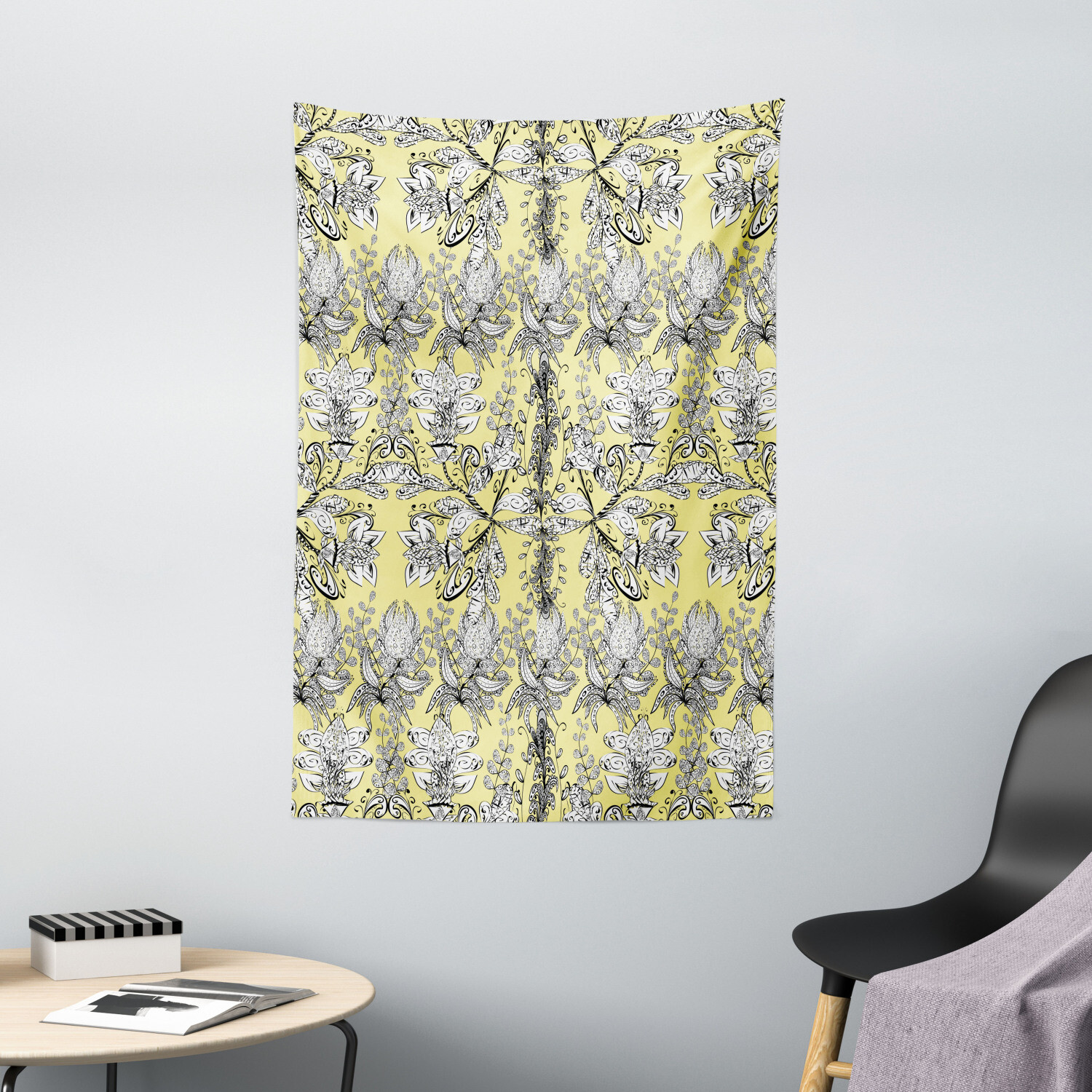 Black White Tapestry Ethnic Floral Swirl Print Wall Hanging Decor