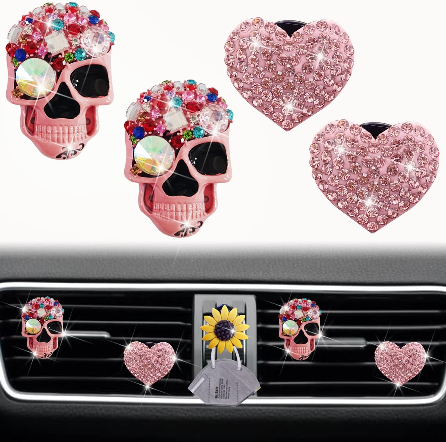 Pink Heart & Skull Air Vent Clips, 4 Pcs Bling Skeleton Car Air Fresheners Vents