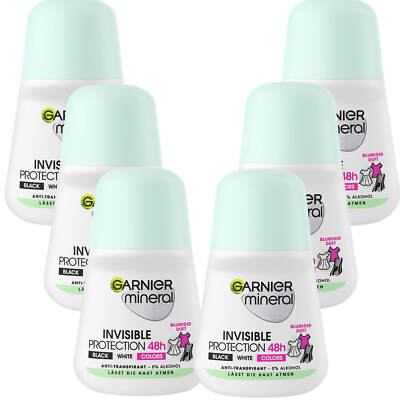 6x 50ml Garnier Mineral Invisible protection 48h Black White Colors Deo Roll On