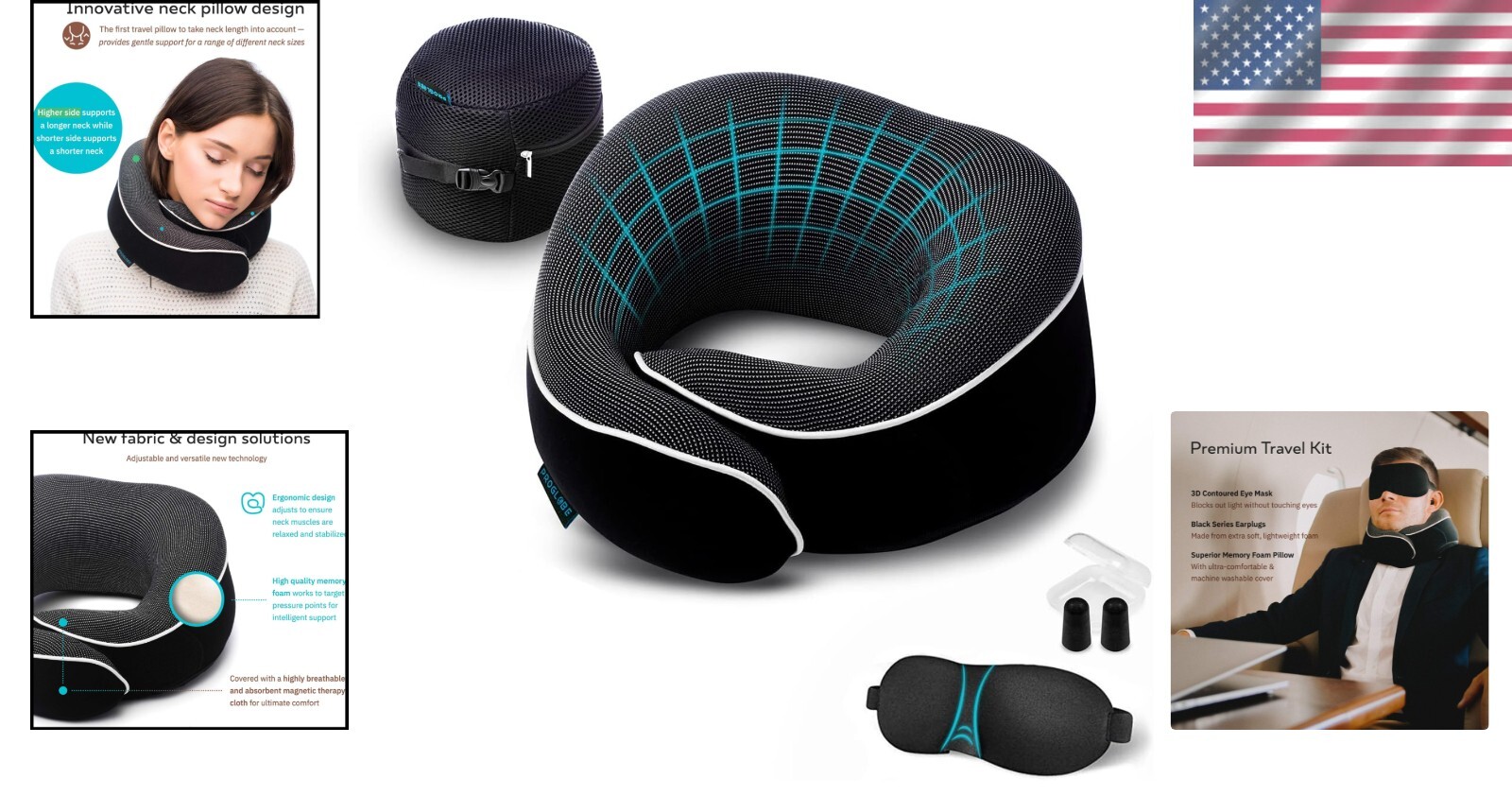 Black Memory Foam Neck Pillow with 3D Eye Mask - Ultimate Travel Comfort Kit