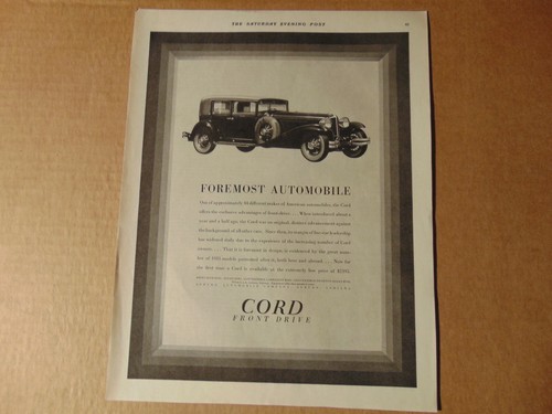 1931 CORD FRONT DRIVE AUTOMOBILE vintage art print ad