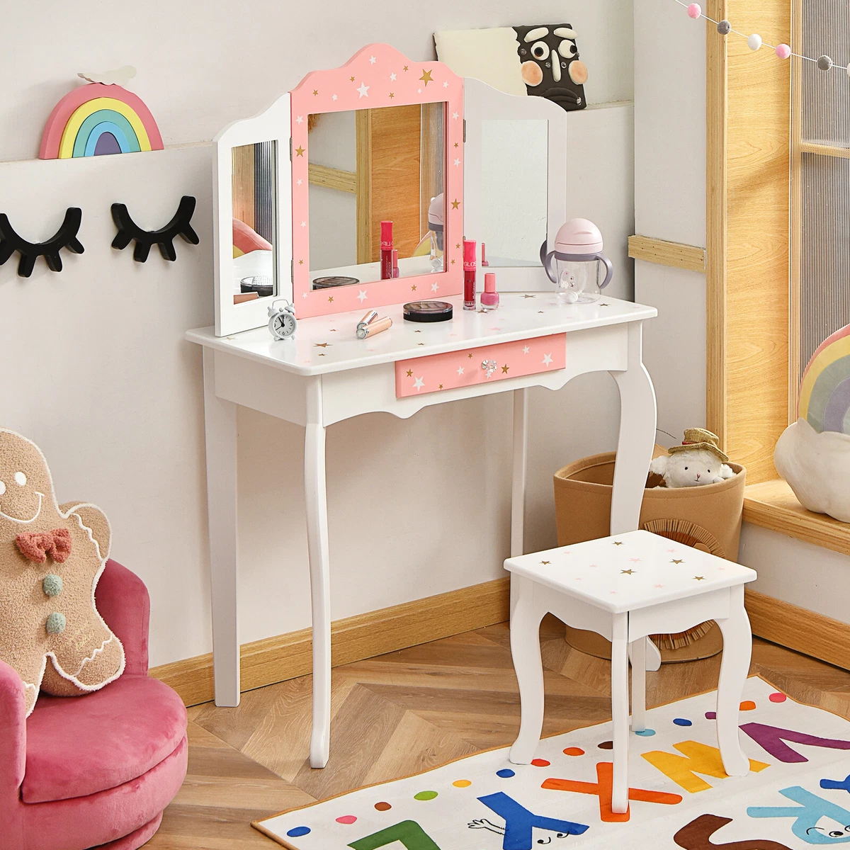 Toeletta Trucco Per Bambine Baroni Toys – Con Specchio, Sgabello E 12 Accessori Unicorno (48x32x71 Cm)