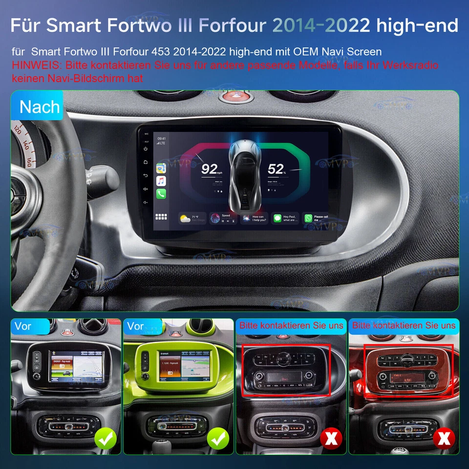 Autoradio 4GB+64GB Android 14 Carplay GPS Navi Für Smart Forfour Fortwo 453 - Bild 4 von 4
