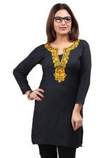 WOMEN RAYON COTTON KURTA EMBROIDERY TUNIC 3/4 TOP SLEEVES SHIRT EYON03D YELLOW