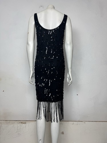 Vintage 90s Black Sequin Tassel Fringe Flapper Style 20s Gatsby Dress Size 10 - Picture 7 of 7