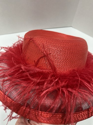 Vintage Women's Red Hat Red Feathered Wide-Brimmed Sun Straw Hat - Picture 10 of 10
