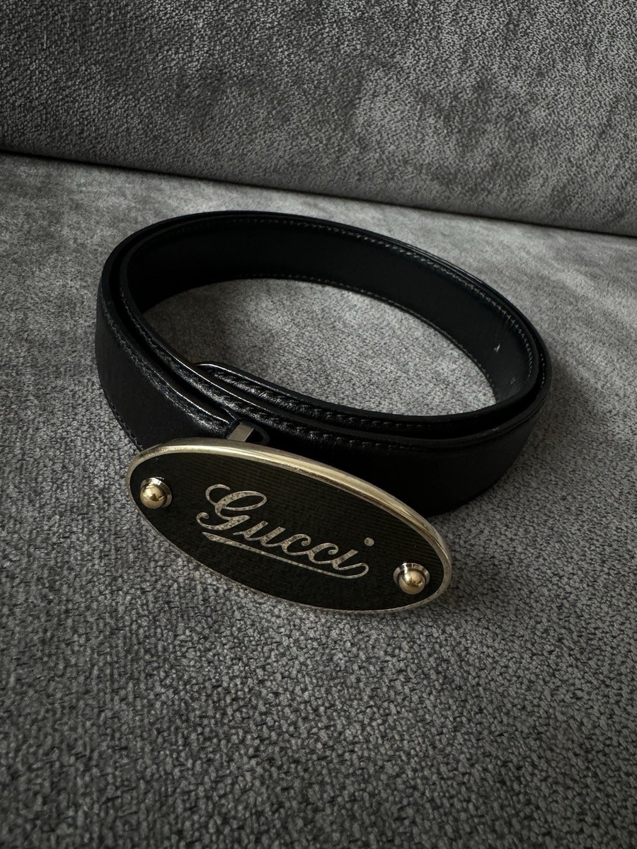 Vintage Gucci Gold Signature Oval Buckle Logo Black Calfskin  display picture 3
