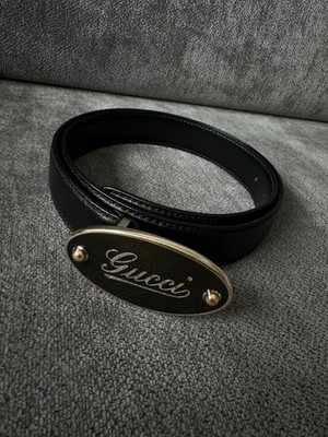 Vintage Gucci Gold Signature Oval Buckle Logo Black Calfskin