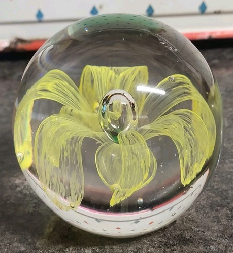 Vintage Art Glass Paperweight Yellow Flower  Silhouette 3" Perfect Condition 