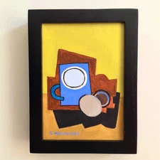 Original 5x7 Acrylic Painting Eggs Mug Modern Abstract Cubism Canvas Kitchen Art