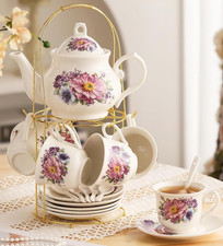 20 Piece Porcelain Tea Set for 6 Cups, Saucers and Kettle with Golden Metal Rack