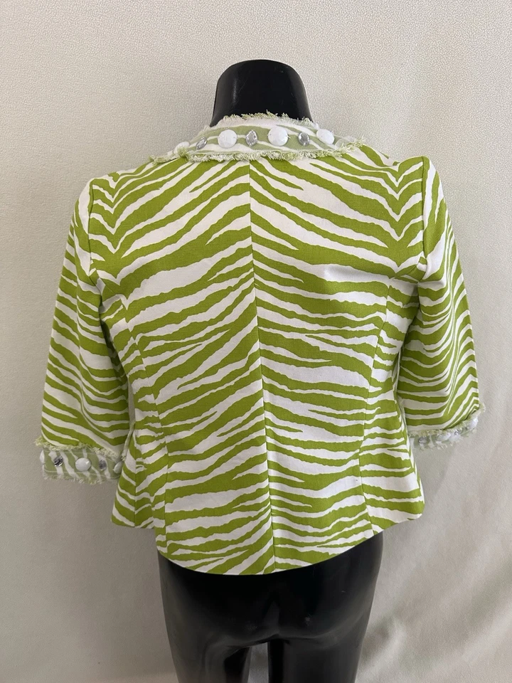 Chaqueta Berek Talla PM Frente Abierto Verde Lima y Blanco Cebra Algodón Cuentas/Gema Adorno Foto 3 de 4