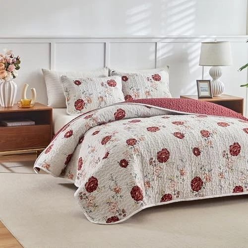 Floral Quilt Set 3 Pieces Queen (88"x88", 1 Quilt+2 Pillow Shams) Red Rose - Image 4 of 4