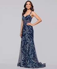 Blondie Nites Juniors' Caviar Glitter Illusion Bodice Fit and Flare Gown Navy 1