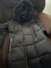 Tommy Hilfiger Women's Black Faux Fur Trim Hooded Puffer Coat Long Size XS.