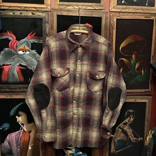 Vintage 1970s Woolrich Plaid Flannel Elbow Patches Button Up Wool Shirt Men s XL