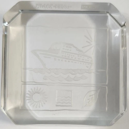 Glass Paperweight, Square 3 In, West Indies Boat Theme By Val St Lambert Belgium