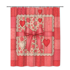 Cute Pink Floral Shower Curtain with Hearts and Bow Decor