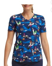 Scrubstar Women  s Halloween Creatures V-Neck Print Scrub Top Size Small