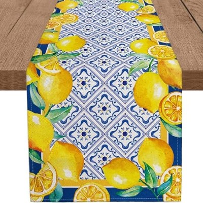 Capri Blue Lemon Table Runner Italy Tile Burlap 13 x 48 Inch Light Blue
