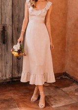 Show Me Your MuMu Alexis Beige Satin Ruffle Midi Dress Square Neck Sleeveless S