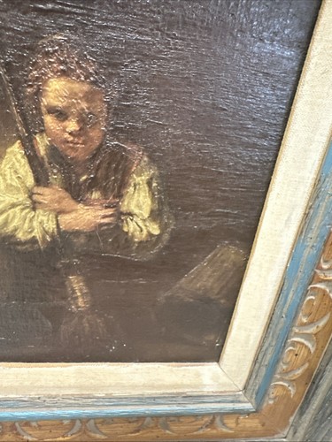 Antico dipinto olio su tela repro ragazza con scopa Rembrandt Van Rijn - Foto 7 di 10