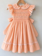 Vintage Polly Flinders Girls Size 6 Hand Smocked Peach Polka Dot Dress Lace