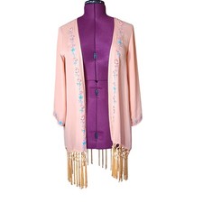 Umgee Kimono Duster Cross Stitch Detail Fringe Hem Womens Size M/L Coral